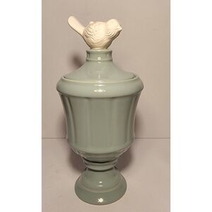 Elegant Ceramic Decorative Jar with White Bird Finial Lid Farmhouse Style